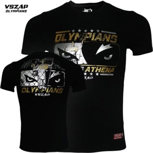 Vszap Men Sports Fighting Cotton Short Sleeve T-shirt Male Athena Fighting Training MMA Fitness Running Thai Boxing