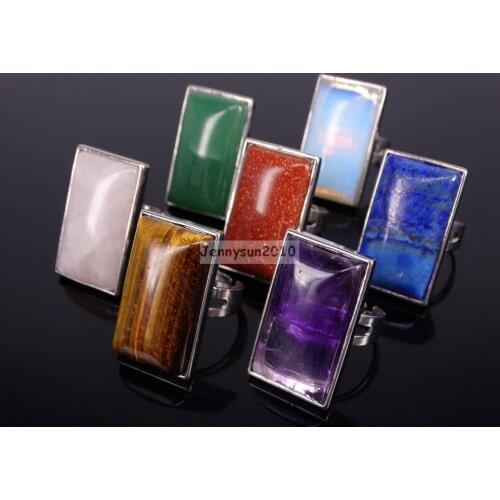 Natural Gems Stone Rectangular Bar Cabochon Adjustable Silver Plated Ring Reiki Chakra Jewelry 10Pcs/Pack