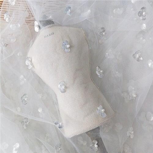 GLace 1Y/Lot New shell pearl pieces scattered flowers embellished lace fabric cloth DIY production childrens cloth TX1598