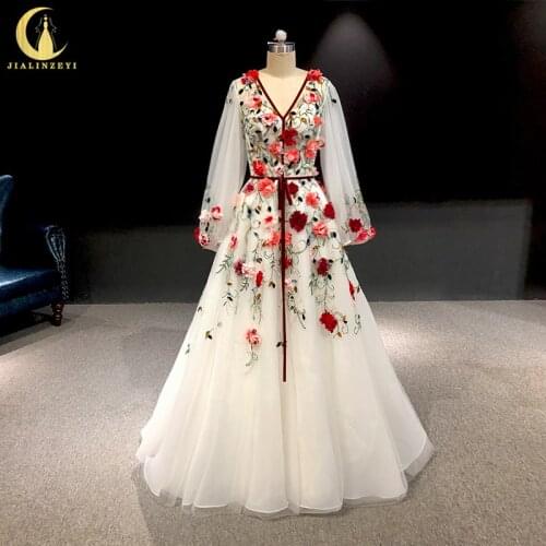 Rhine Real picture Marchesa Long Sleeves with flowers платье vestido de fiesta de boda evening dress long formal dresses