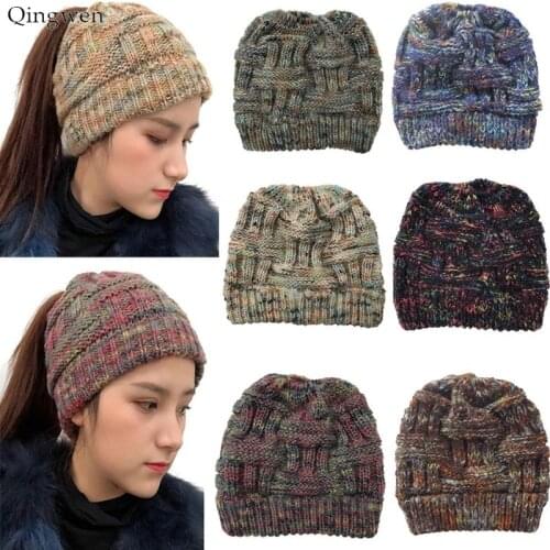 Qingwen Fashion Winter Hats for Women Soft Knit Ponytail Beanie Woolen Cap Stretch Crochet Messy Bun Holey Hat