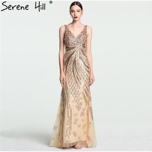 Gold V-Neck Beading Sequined Luxury Evening Dresses Long Mermaid Sleeveless Formal Evening Gown 2020 Real Photo LA6075
