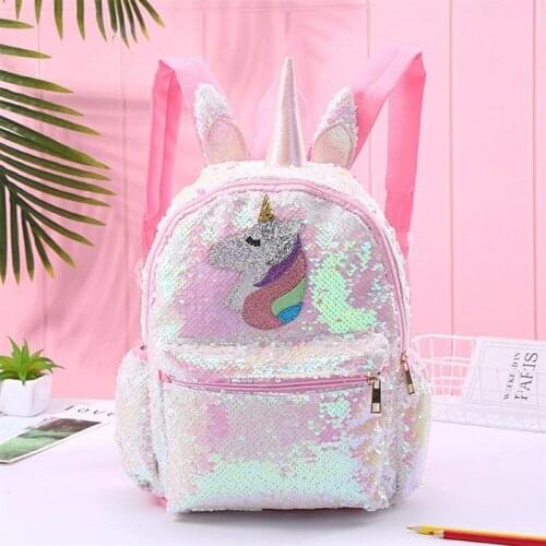 Pink Shiny Girls Backpack Sequin Unicorn Design Satchel Adorable Bookbag Fashion Cute Travel School Bag for Student Girls
