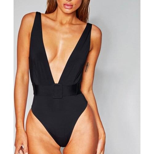 Sexy Deep V Neck One Piece Swimsuit Women Swimwear with Belt Push Up High Cut Beachwear Bathing Suit Brazilian Swim Body Suit