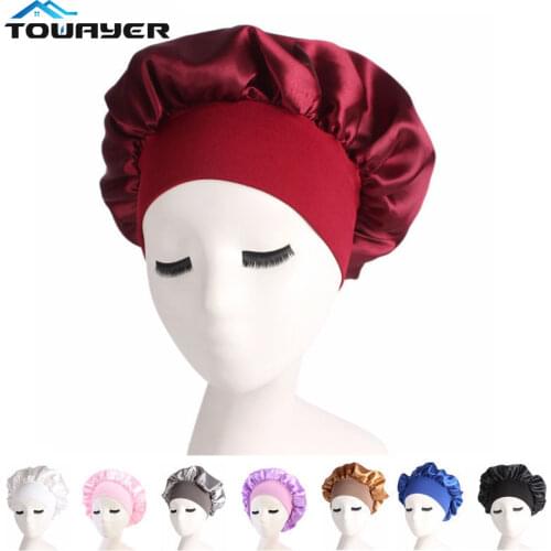 1pc Long Hair Care Women Night Sleep Hat Adjust Solid Satin Bonnet Hair Styling Cap Silk Head Wrap Shower Cap Hair Styling Tool