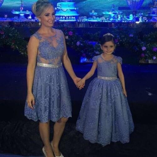 Blue Lace Mother and Daughter Dress for Special Occasion Long Girls Birthday Party Evening Gowns