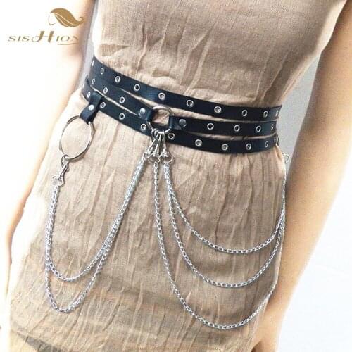 SISHION Women Imitation Leather Waist Belt VD1359 corset belt with chain Black Coffee Dance Punk Chain Belt