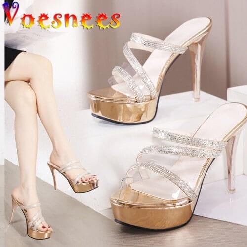 Sexy Nightclub Party Women Slippers Transparent Chain One Word Slides Pole Dance Women Shoes Platform Thin High Heels Sandals