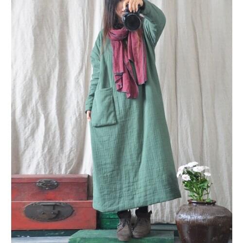 Johnature Women Autumn Dresses Solid Color V-Neck Long Sleeve 2021 New Loose Warm Robes Female Cotton Vintage Pockets Dress