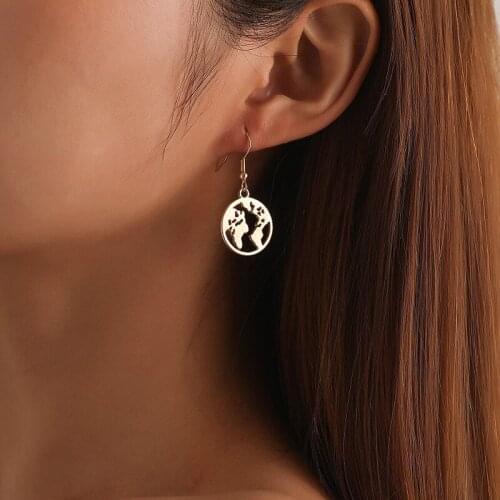European and American Alloy Hollow World Map Jewelry Earrings Gold Color Womens Accessories