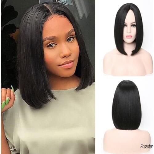 Rosa Star Short Straight Bob Hair Wigs Natural Middle Part Black Color Synthetic Fibers Heat Resistant Cosplay Daily Wig Women