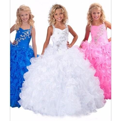 2015 Beaded White Blue Pink Ball Gown First Communion Flower Girl Dresses For Weddings Kids Children Pageant Girl Prom dress