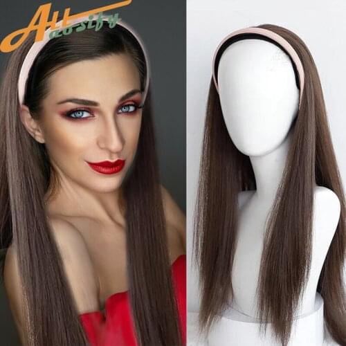 Allaosify Synthetic Headband Wig with Hair Band Fluffy Clip in Hair Extension Straight/Curly Brown Black Long Wigs for Women