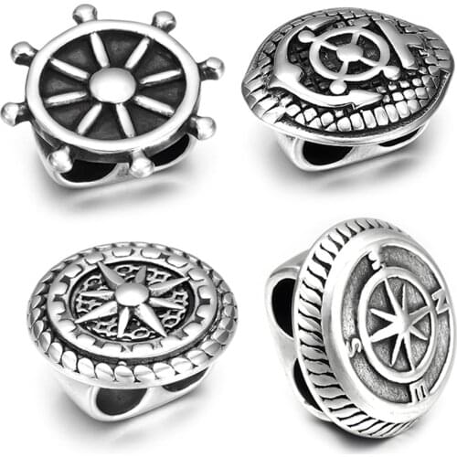 4Pieces Stainless Steel Slider Beads Anchor Rudder 5 6mm Slide Charm for Double Leather Bracelet Jewelry Making DIY Accessories