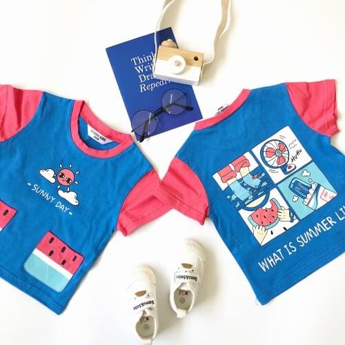 Tonytaobaby New Style Summer Cartoon Pattern Watermelon Pocket Printed Short Sleeve Childrenswear Kids T-shirt