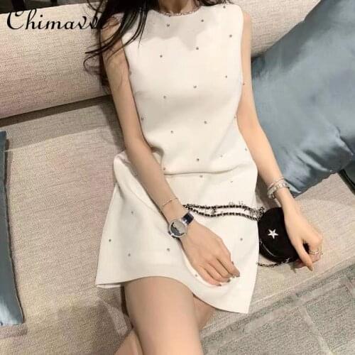 Elegant Party White Dress Vest Dresses Women 2021 Summer Luxury Heavy Rhinestone Short Dress Fashionable Sleeveless Slim Dress