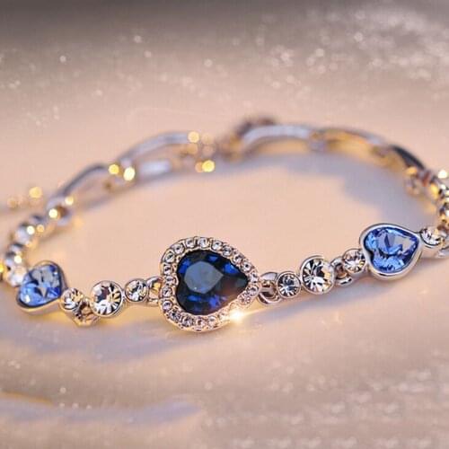 Hottest Womens Ladies Crystal Rhinestone Bangle Ocean Blue Bracelet Chain Heart Jewelry Party Gifts Cheap Bracelet