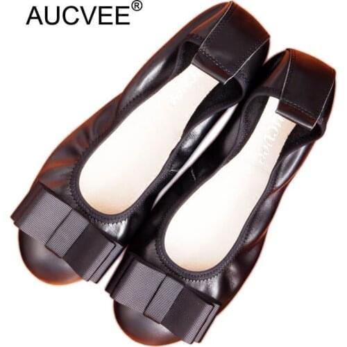 Hot Selling Women Genuine Leather Flats Fashion Bow Round Toe Slip-on Ballet Flats For Women Big Size 34-43 Moccasins Loafers