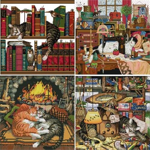 HUACAN Embroidery Cross Stitch Cat Kits White Canvas Home Decoration Animal Needlework Sets 11CT 14CT DIY Gift