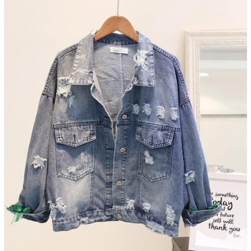 Korean Embroidered Frayed Hole Denim Jackets Women Loose Harajuku BF Style Long Sleeve Short Jean Coats Jacket Autumn Overcoat