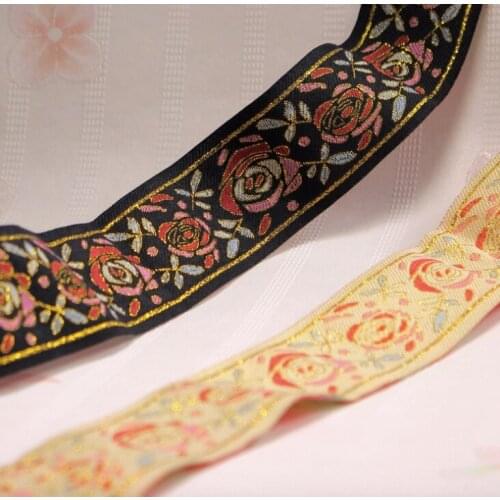 Miao rose embroidery ethnic jacquard webbing woven tape lace ribbon trim garment bag craft accessory 4cm boho tribal gypsy DIY