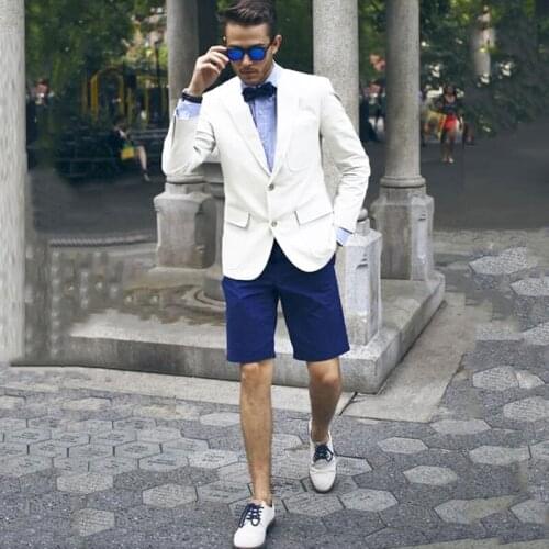 Ivory Summer Men Suits with Short Blue Pants Casual Bridegroom Tuxedos for Wedding Slim Fit 2 Piece Male Fashion Blazer 2021