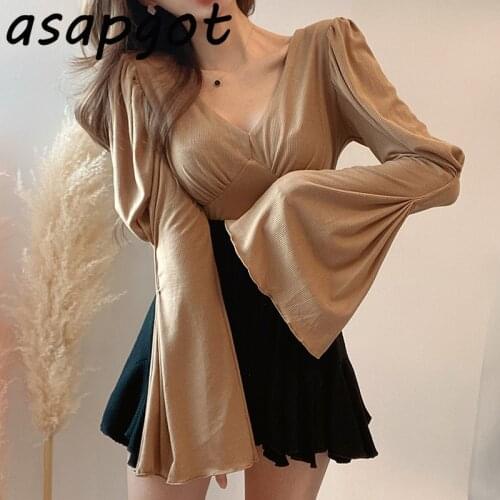 Korea Chic Solid Retro Elegant V-neck Slim-fit Flare Sleeve T Shirt Top Slim High Waist Ruffles Skirts Pleated Fashion Casual