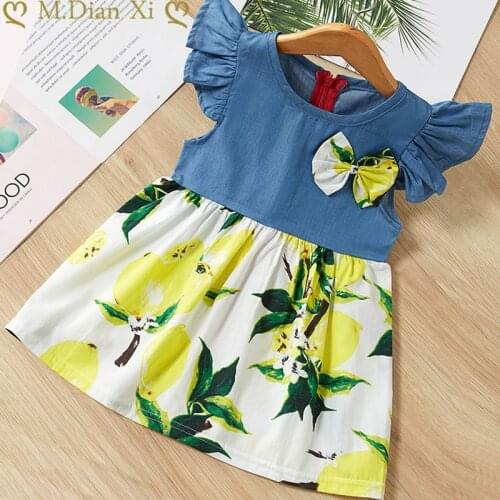 Baby Girls Dress Summer New Girls Flying Sleeve Denim Lemon Stitching Dress Infant Baby Girls Princess Birthday Party Tutu Dress