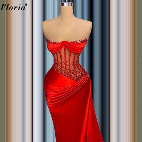 Plus Size Pearls Red Celebrity Dresses Long Strapless Sexy Prom Dresses For Women Elegant Cocktail Dresses Vestidos De Noche
