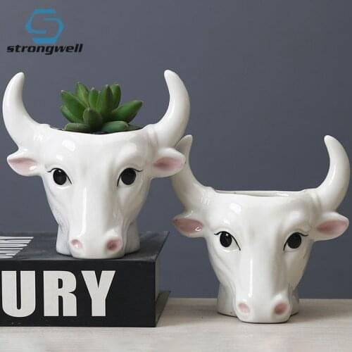 Strongwell Mini Ceramic Flower Pots Cartoon Bull Head Planter Home Decoration Accessories White Porcelain Succulent Potted