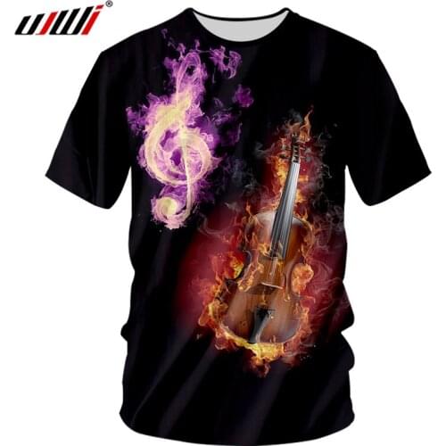 UJWI Mens Flame Guitar O Neck Tshirt 3D Printed Purple Musical Note New Arrivals T Shirt Man Sports T-shirt Direct Selling