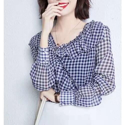 Women Fashion Leisure Plaids Shirts Long Sleeve Ruffles Chiffon Blouse For Office Lady Sweet Tops Casual Summer All-match Shirt