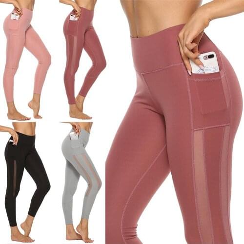 JGS1996 WomenHigh Waist Leggings With Pockets Sexy Mesh Sports Fitness Running Yoga Pants Leggings Gym Girl leggins