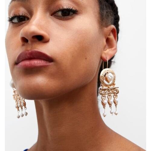 2019 Bohemia ZA Pearl Drop Dangle Earrings for Women Elegant Boho Gold Long Statement Tassels Earring Party Wedding Jewelry