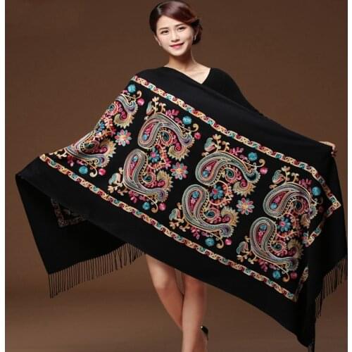 Women Black Embroidery Pashmina Cashmere Scarf Winter Warm Tassels Scarf Shawl Fashion Shawl Scarves All-match Travel Blanket