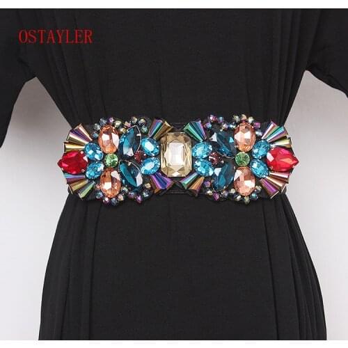 Geometric Big Crystal Gem Waist Belts Women White Grey Gold Colorful Rhinestone Bead Elastic Waistband Corset Strech Belts 2019