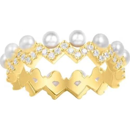 SLJELY Women 925 Sterling Silver Yellow Gold Color Up and Down Ring with Pearl Cubic Zirconia Stones Zigzag Finger Rings Jewelry