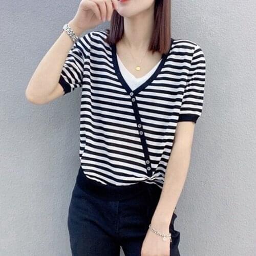 2021 Real 20532 (5 4 3) Powder Purple! Web Celebrity Figure V-neck Inclined Stripe Draw String [2000] 36 with Short Sleeves