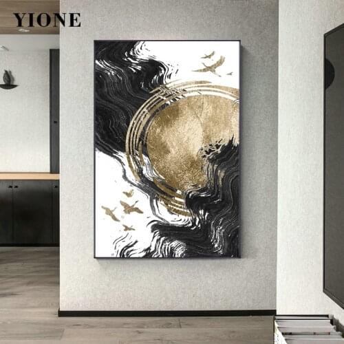 Abstract Black Gold Tree Rings Canvas Paintings Modern Luxury Birds Splash Ink Wall Art Pictures for Living Room Posters Prints