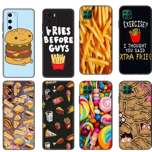 Black tpu Case For Huawei P30 Lite P30 Pro P40 Case For Huawei P40 LITE E P Smart 2020 Case Cover Cute food fries burger funny