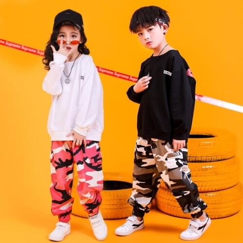 Children Hip Hop Costumes 2021 Spring Korean Style Long Sleeve T-shirt Camouflage Print Pants Suit Jazz Dance Clothes Streetwear