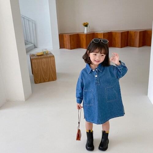Autumn fashion girls oversized denim dresses 1-7 years kids cute loose long-sleeved casual dress