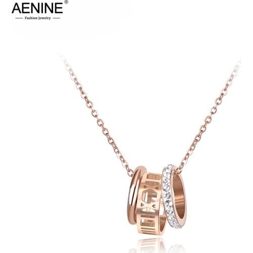 AENINE Classic AAA CZ Crystal Pendant Roman Letter Necklace For Women Stainless Steel Wedding Female Necklace Jewelry AN18033