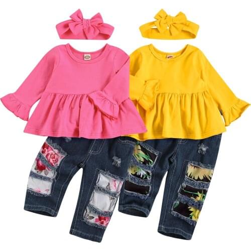 2020 Autumn Kids Fashion Suit Long Sleeve Ruffle T-shirts Long Ripped Jeans with Hairband Sets Girls Outfits New