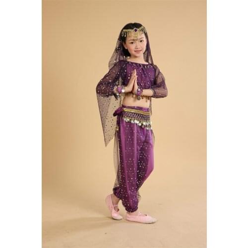 6 PCS (Top +Pants + Waist Chain+Headwear+Veil+Bracelet ) Child Belly Dance Costume Girls Indian Dance Costume Bellydance Dress 9