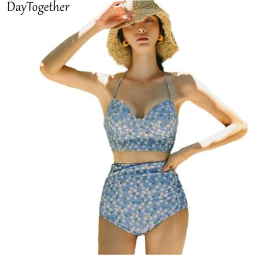 Summer Womens Swimsuit Sexy Lace Backless Tall Waist Woman Bikini Color Blue Two-Piece Set Females Swimwear