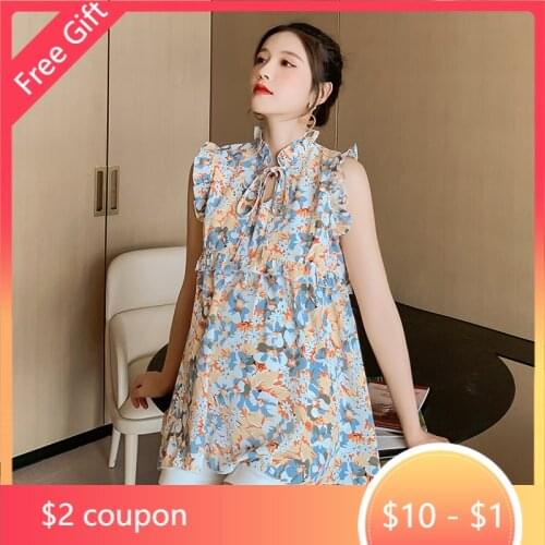 Summer Korean Fashion Sleeveless Maternity Blouses Vest Tank Floral Printed Chiffon Shirt for Pregnant Women Pregnancy Tops
