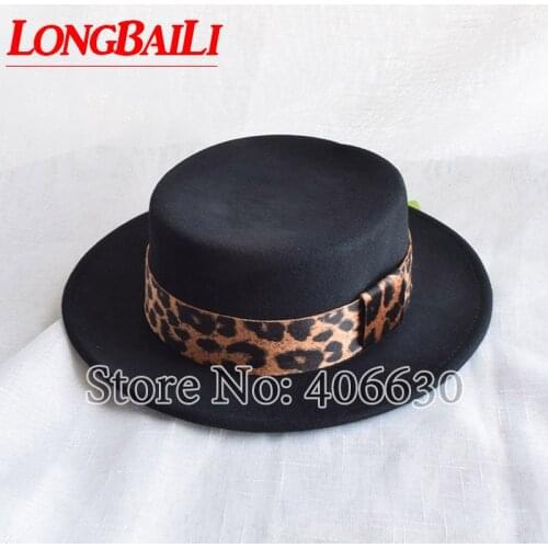LongBaiLi Fashion Leopard Band Black Wool Felt Flat Top Hats For Women Wide Brim Chapeu Fedora Free Shipping BMDW012