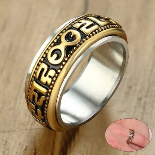 Vnox Mens Spinner Rings with Vintage Buddhism Prayer Words 8mm Stainless Steel Male anel masculino Religious Jewelry