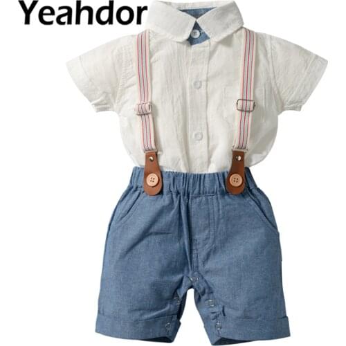 Toddler Baby Boys Clothes Babys Set Short Sleeve Romper + Suspender Shorts Boys Birthday Gentleman Outfit Infant Clothing